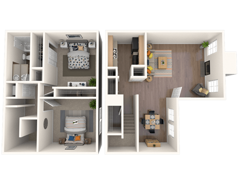 Floor plan for 2 beds, 1 bath, 955 sqft